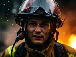 Courageous male firefighter fearlessly confronts the blazing inferno AI Generative photo