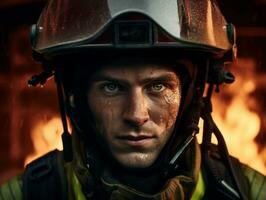 Courageous male firefighter fearlessly confronts the blazing inferno AI Generative photo