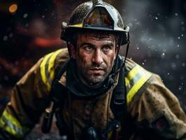 valiente masculino bombero sin miedo confronta el flameante infierno ai generativo foto