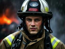 Courageous male firefighter fearlessly confronts the blazing inferno AI Generative photo