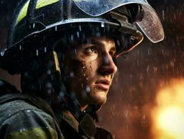 Courageous male firefighter fearlessly confronts the blazing inferno AI Generative photo