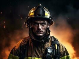 Courageous male firefighter fearlessly confronts the blazing inferno AI Generative photo