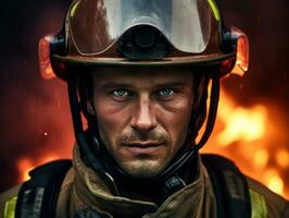 Courageous male firefighter fearlessly confronts the blazing inferno AI Generative photo