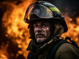 valiente masculino bombero sin miedo confronta el flameante infierno ai generativo foto