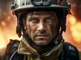 Courageous male firefighter fearlessly confronts the blazing inferno AI Generative photo