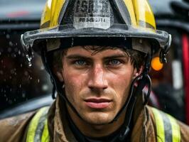 Courageous male firefighter fearlessly confronts the blazing inferno AI Generative photo