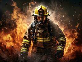 Courageous male firefighter fearlessly confronts the blazing inferno AI Generative photo