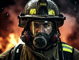 Courageous male firefighter fearlessly confronts the blazing inferno AI Generative photo