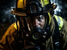 valiente masculino bombero sin miedo confronta el flameante infierno ai generativo foto