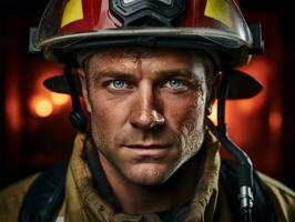 Courageous male firefighter fearlessly confronts the blazing inferno AI Generative photo