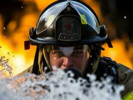 valiente masculino bombero sin miedo confronta el flameante infierno ai generativo foto