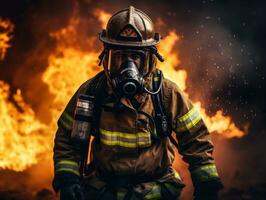 Courageous male firefighter fearlessly confronts the blazing inferno AI Generative photo