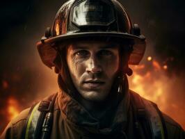 Courageous male firefighter fearlessly confronts the blazing inferno AI Generative photo