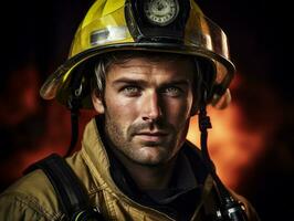 Courageous male firefighter fearlessly confronts the blazing inferno AI Generative photo