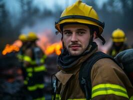 valiente masculino bombero sin miedo confronta el flameante infierno ai generativo foto