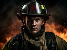 Courageous male firefighter fearlessly confronts the blazing inferno AI Generative photo