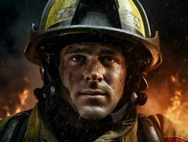 Courageous male firefighter fearlessly confronts the blazing inferno AI Generative photo