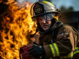 valiente masculino bombero sin miedo confronta el flameante infierno ai generativo foto