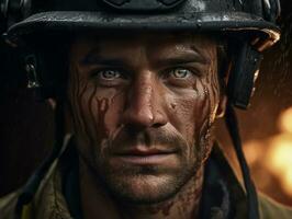 Courageous male firefighter fearlessly confronts the blazing inferno AI Generative photo