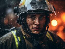 Courageous male firefighter fearlessly confronts the blazing inferno AI Generative photo