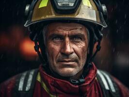 Courageous male firefighter fearlessly confronts the blazing inferno AI Generative photo