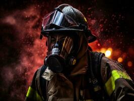 valiente masculino bombero sin miedo confronta el flameante infierno ai generativo foto