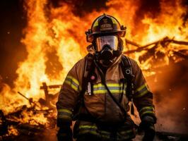 valiente masculino bombero sin miedo confronta el flameante infierno ai generativo foto