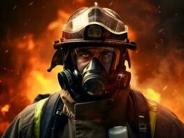 Courageous male firefighter fearlessly confronts the blazing inferno AI Generative photo