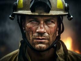 Courageous male firefighter fearlessly confronts the blazing inferno AI Generative photo