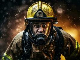 Courageous male firefighter fearlessly confronts the blazing inferno AI Generative photo