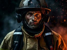 valiente masculino bombero sin miedo confronta el flameante infierno ai generativo foto