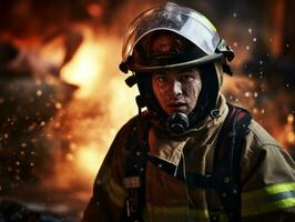 valiente masculino bombero sin miedo confronta el flameante infierno ai generativo foto