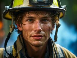 valiente masculino bombero sin miedo confronta el flameante infierno ai generativo foto