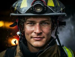 Courageous male firefighter fearlessly confronts the blazing inferno AI Generative photo