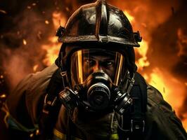 Courageous male firefighter fearlessly confronts the blazing inferno AI Generative photo