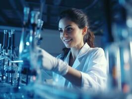 Female scientist conducting experiments in a high tech lab AI Generative photo