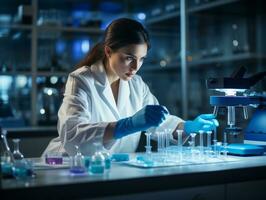 hembra científico conductible experimentos en un alto tecnología laboratorio ai generativo foto