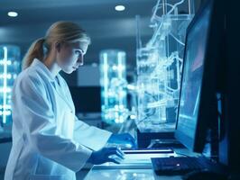 hembra científico conductible experimentos en un alto tecnología laboratorio ai generativo foto