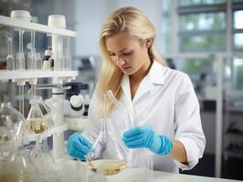 hembra científico conductible experimentos en un alto tecnología laboratorio ai generativo foto