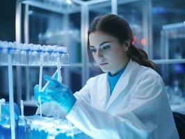hembra científico conductible experimentos en un alto tecnología laboratorio ai generativo foto