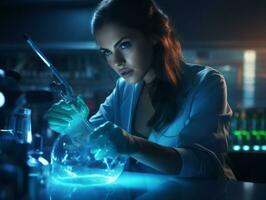 Female scientist conducting experiments in a high tech lab AI Generative photo