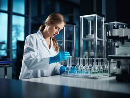 hembra científico conductible experimentos en un alto tecnología laboratorio ai generativo foto