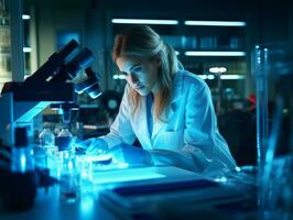 hembra científico conductible experimentos en un alto tecnología laboratorio ai generativo foto