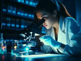 hembra científico conductible experimentos en un alto tecnología laboratorio ai generativo foto
