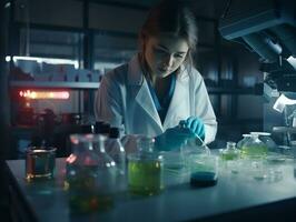 hembra científico conductible experimentos en un alto tecnología laboratorio ai generativo foto
