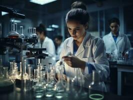 hembra científico conductible experimentos en un alto tecnología laboratorio ai generativo foto