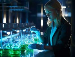 Female scientist conducting experiments in a high tech lab AI Generative photo