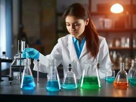 hembra científico conductible experimentos en un alto tecnología laboratorio ai generativo foto