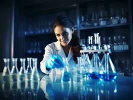 hembra científico conductible experimentos en un alto tecnología laboratorio ai generativo foto