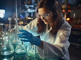 hembra científico conductible experimentos en un alto tecnología laboratorio ai generativo foto